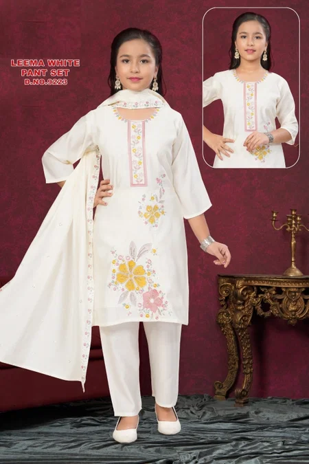 Leema White Pant Set 9223 Roman Silk Kids Girls Wear Kurti Set Suppliers In India